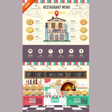 Düz stil pizzacı café tasarımı. Web sitesi tasarımı. Pizza menü