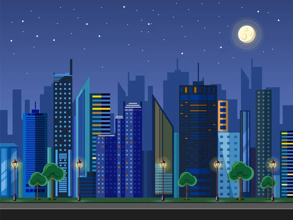 Style plat design moderne du paysage urbain nuit ville . — Image vectorielle