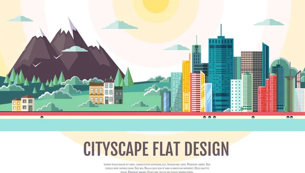 Estilo plano diseño moderno de paisaje urbano de la ciudad y las montañas — Vector de stock