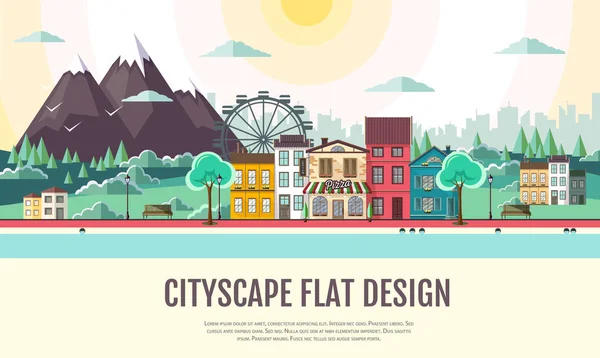 Estilo plano diseño moderno de paisaje urbano de la ciudad y las montañas — Vector de stock