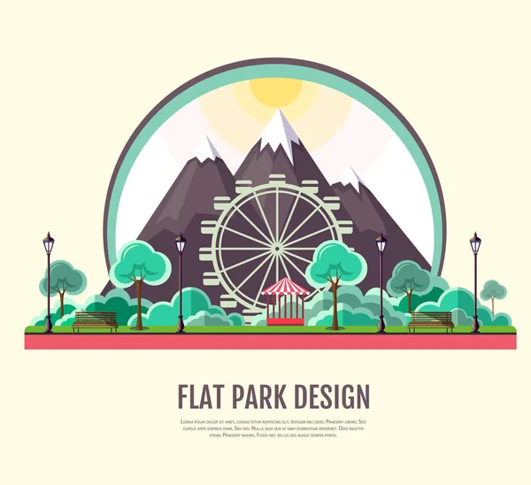 Современный плоский дизайн общественного парка с горным ландшафтом — стоковый вектор