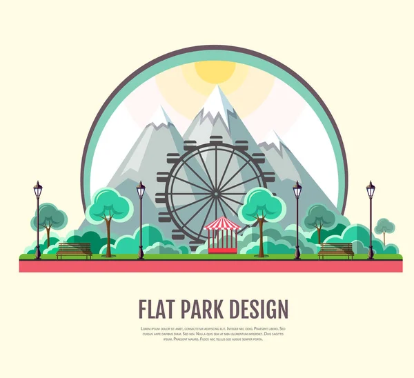 Diseño moderno de estilo plano de parque público con paisaje de montañas — Vector de stock