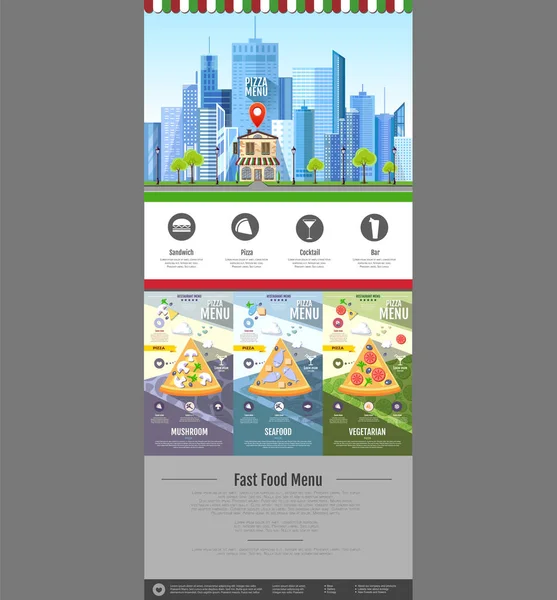 Diseño de pizzería de estilo plano. Diseño del sitio web. Menú de pizza — Archivo Imágenes Vectoriales