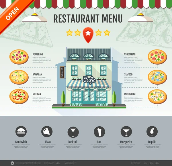 Diseño de pizzería de estilo plano. Diseño del sitio web. Menú de pizza — Vector de stock