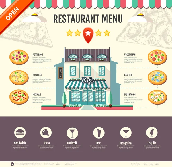 Diseño de pizzería de estilo plano. Diseño del sitio web. Menú de pizza — Vector de stock