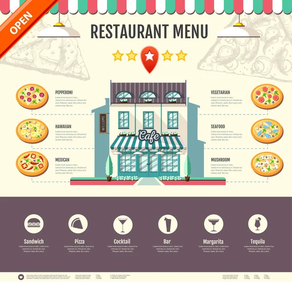 Düz stil pizzacı café tasarımı. Web sitesi tasarımı. Pizza menü