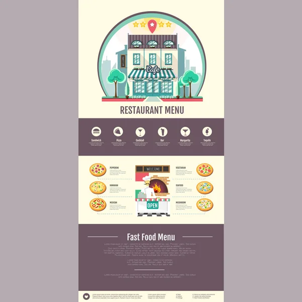 Design de café pizzeria de style plat. Conception de site Web. Menu pizza — Image vectorielle