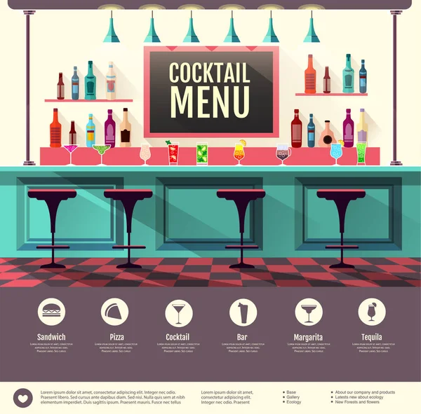 Interior de estilo plano de bar de cócteles. Diseño del sitio web. Menú de cócteles — Vector de stock