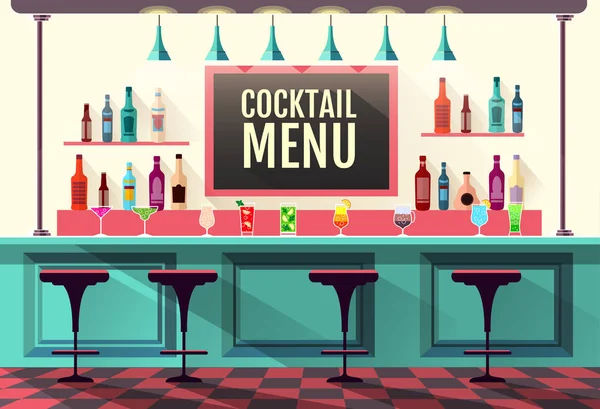 Flat style interior of cocktail bar. Web site design. Cocktail menu — Stock Vector