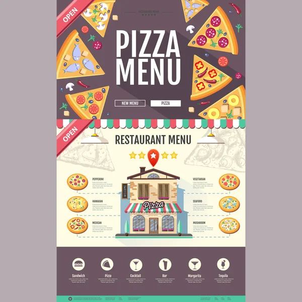 Diseño de pizzería de estilo plano. Diseño del sitio web. Menú de pizza — Archivo Imágenes Vectoriales
