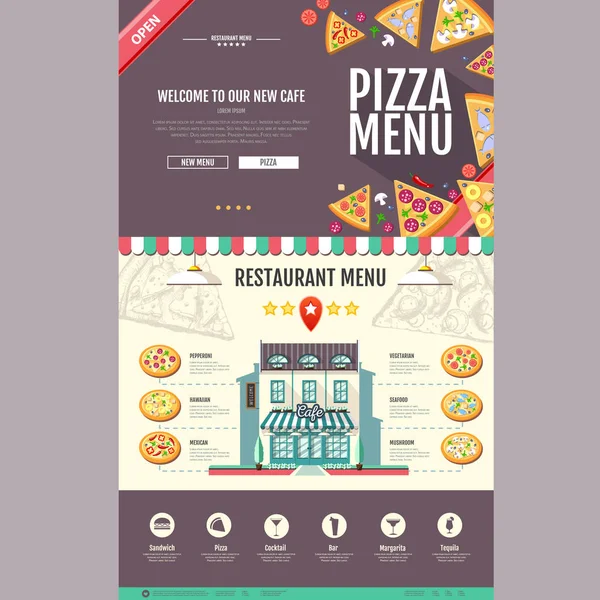 Design de café pizzaria estilo plano. Web site design. Menu de pizza — Vetor de Stock