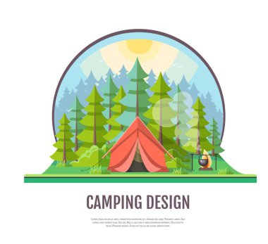 Flat style design of forest landscape and camping.  clipart