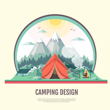 Flat style design of retro Mountains landscape and camping.  clipart