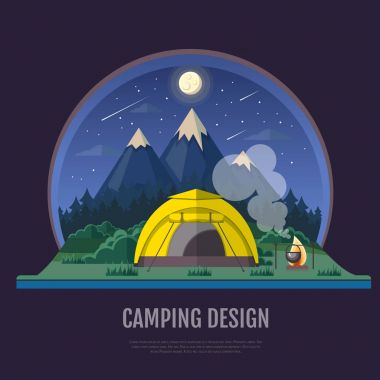 Flat style design of Mountains landscape and camping. Night scen clipart