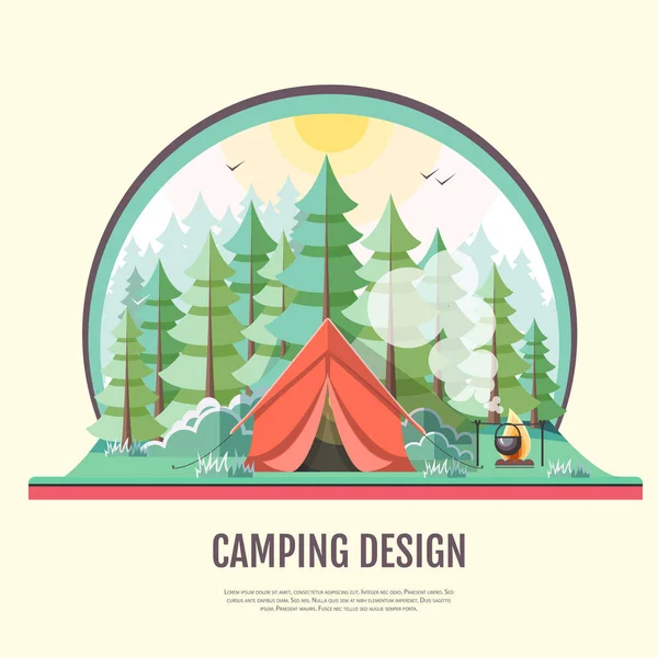 Flat style design of retro forest landscape and camping. — Stock Vector