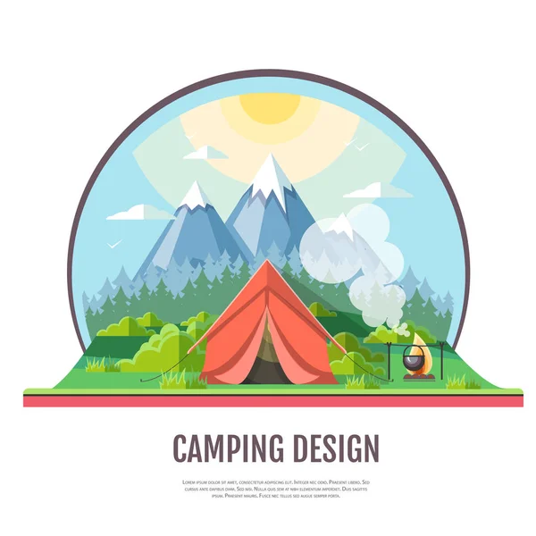 Design in stile piatto del paesaggio montano e del campeggio . — Vettoriale Stock