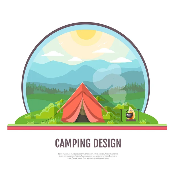 Projeto de estilo plano de montanhas paisagem e camping . — Vetor de Stock