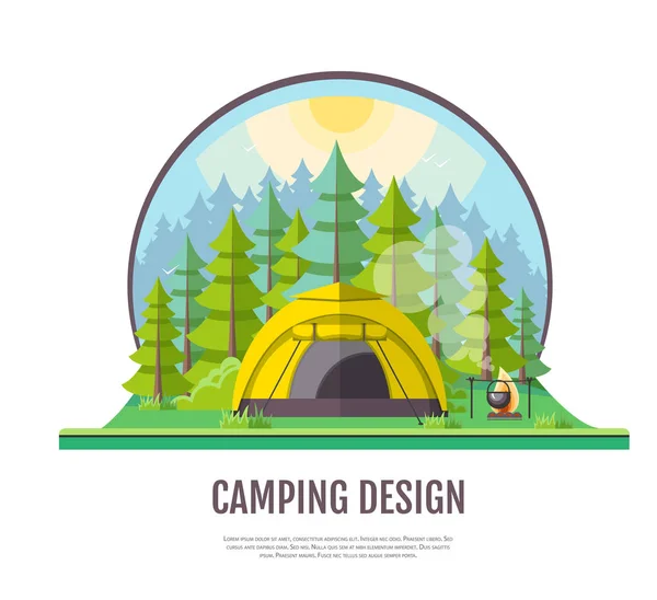 Diseño de estilo plano de paisaje forestal y camping . — Vector de stock