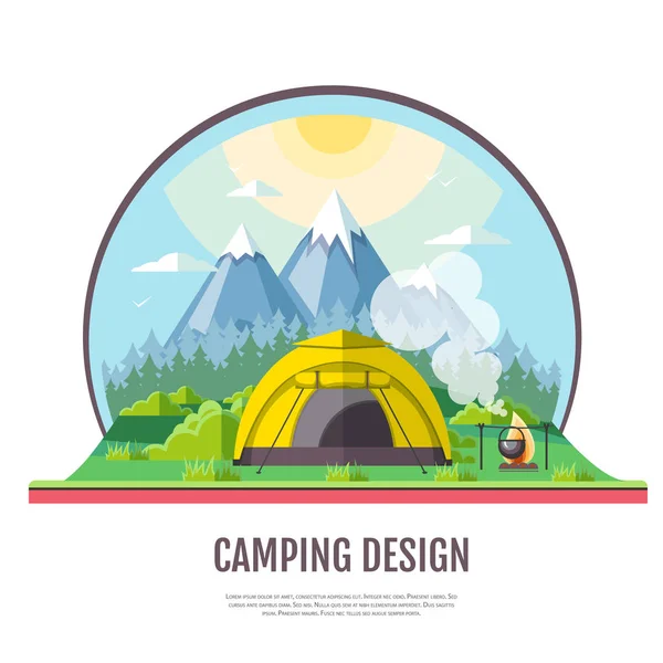 산 풍경과 캠핑의 평면 스타일 디자인. — 스톡 벡터