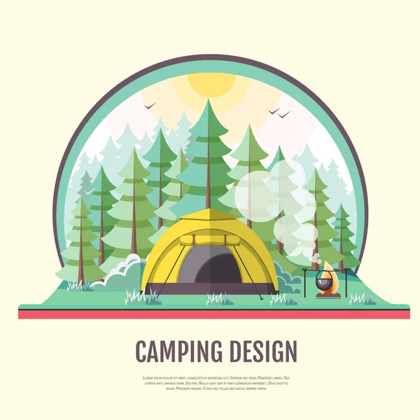 Projeto de estilo plano de paisagem florestal retro e camping . — Vetor de Stock