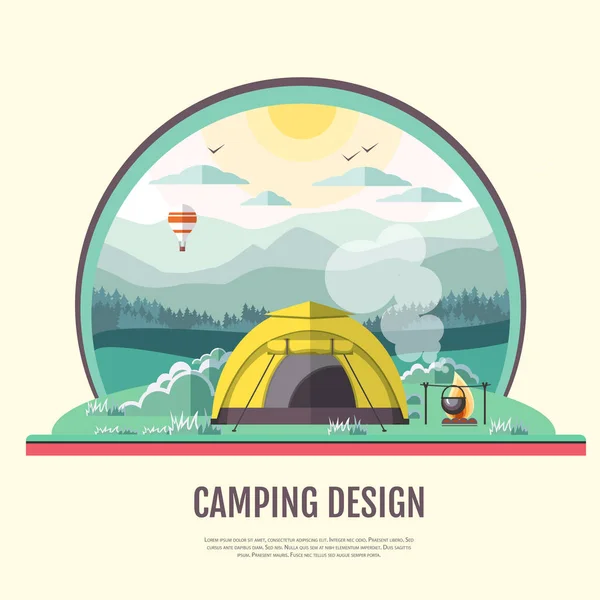 Diseño de estilo plano de montañas retro paisaje y camping . — Archivo Imágenes Vectoriales