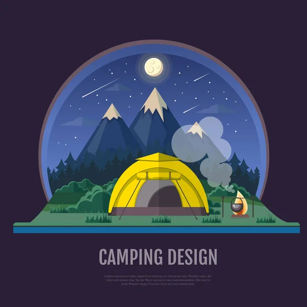 Vlakke stijl ontwerp van bergen landschap en kamperen. Nacht scen — Stockvector