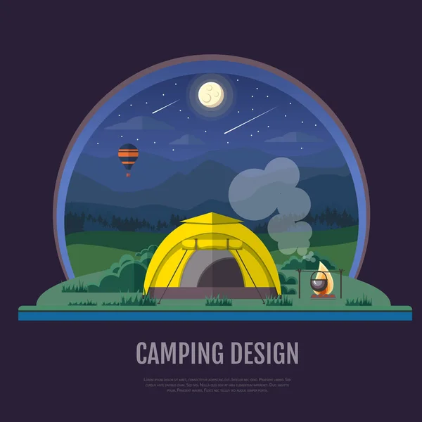 Diseño de estilo plano de Montañas paisaje y camping. Escena nocturna — Vector de stock