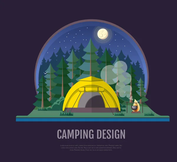 숲 경관과 캠핑의 평면 스타일 디자인입니다. 밤 장면 — 스톡 벡터