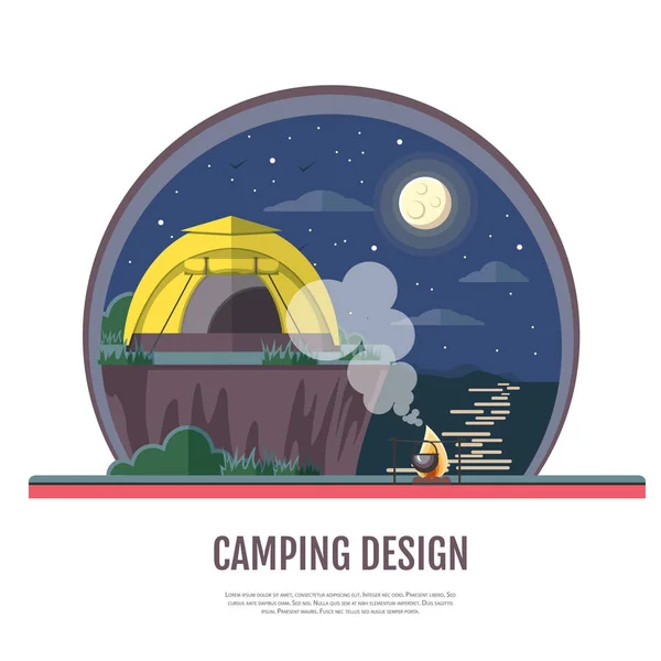 Diseño de estilo plano de paisaje costero y camping. Escena nocturna — Vector de stock