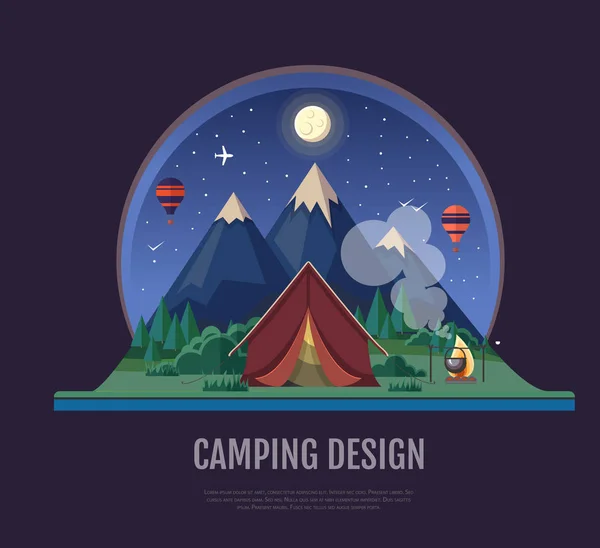 Flat style design Mountains landscape and camping. Night scene — Stock Vector