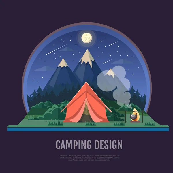 Projeto de estilo plano de montanhas paisagem e camping. Noite scen — Vetor de Stock