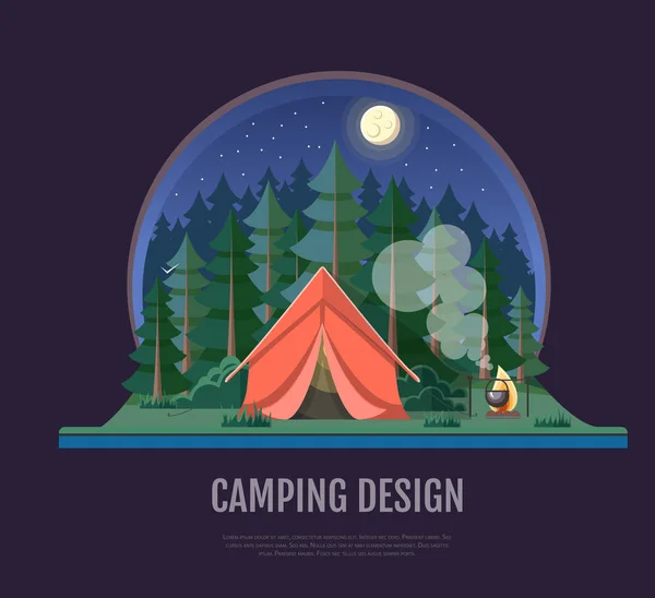 Platt stil design av skogslandskapet och camping. Nattscen — Stock vektor