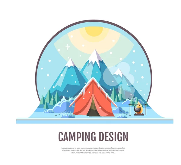 Design in stile piatto di inverno Montagne paesaggio e tenda da campeggio — Vettoriale Stock