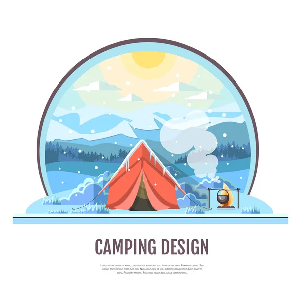 Vlakke stijl ontwerp van winter bergen landschap en camping tent — Stockvector