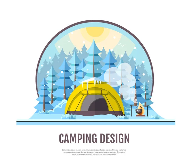 겨울 숲 경관과 캠핑 텐트의 평면 스타일 디자인 — 스톡 벡터