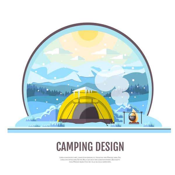 Diseño de estilo plano de invierno Montañas paisaje y tienda de campaña — Vector de stock