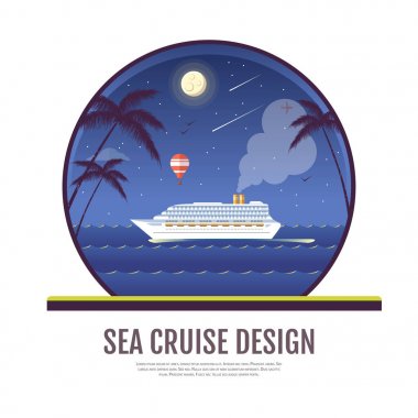 Cruise gemisi okyanusa düz stil tasarımı. Gece çekimi