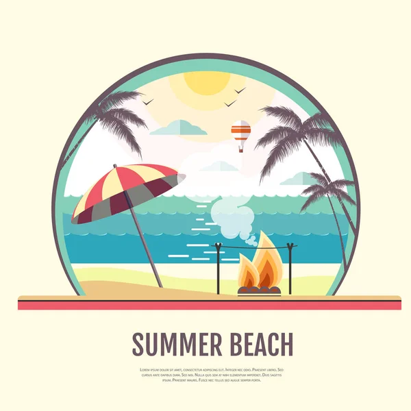 Yaz plaj manzara arka plan düz stil tasarımı — Stok Vektör
