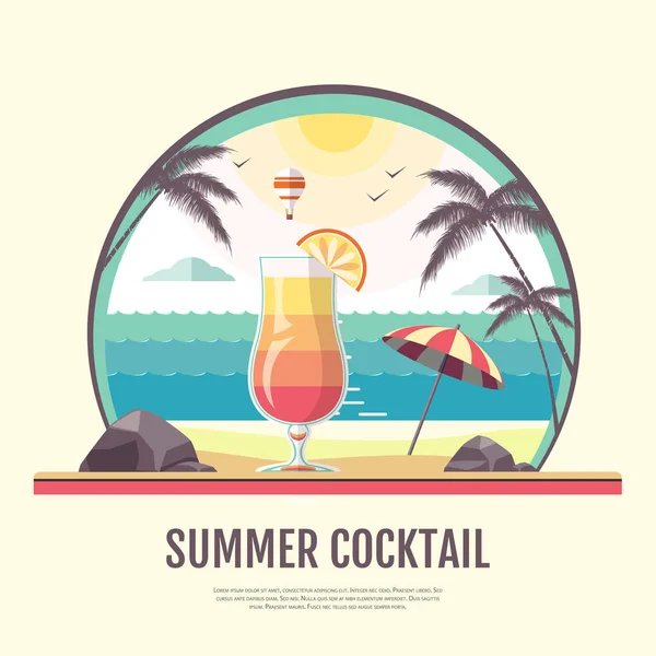 Flat style design of summer beach landscape with cocktail. — Stock Vector