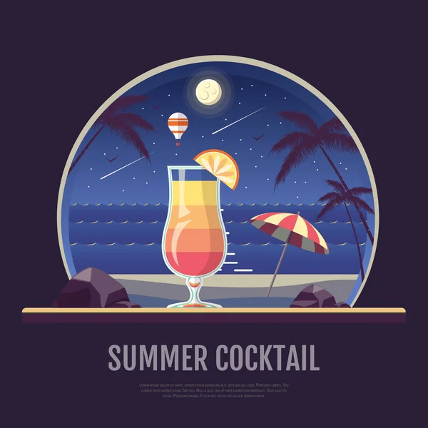 Design de style plat de paysage de plage d'été avec cocktail. Scène nocturne — Image vectorielle