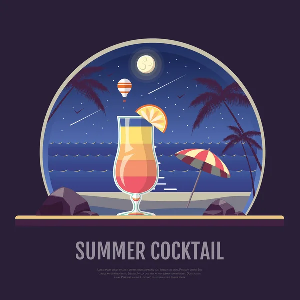 Vlakke stijl ontwerp van zomer strand landschap met cocktail. Nachtbeeld — Stockvector