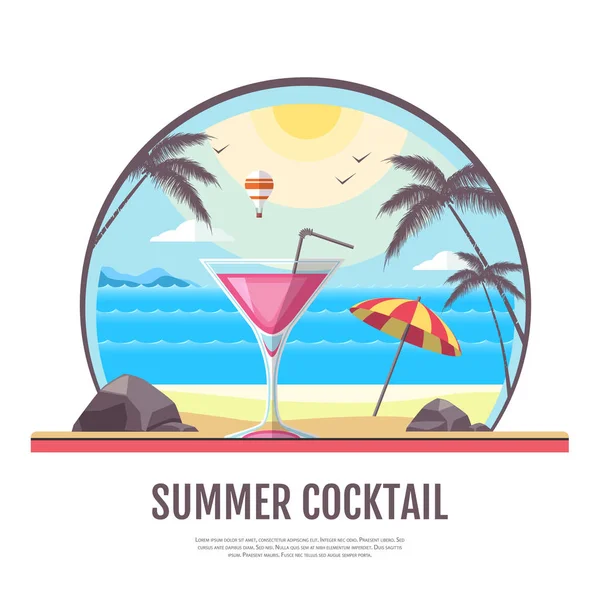 Design de style plat de paysage de plage d'été avec cocktail — Image vectorielle