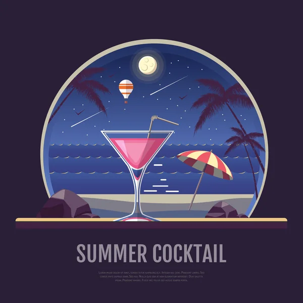 Плоский дизайн летнего пляжного ландшафта с коктейлем. Ночная сцена — стоковый вектор