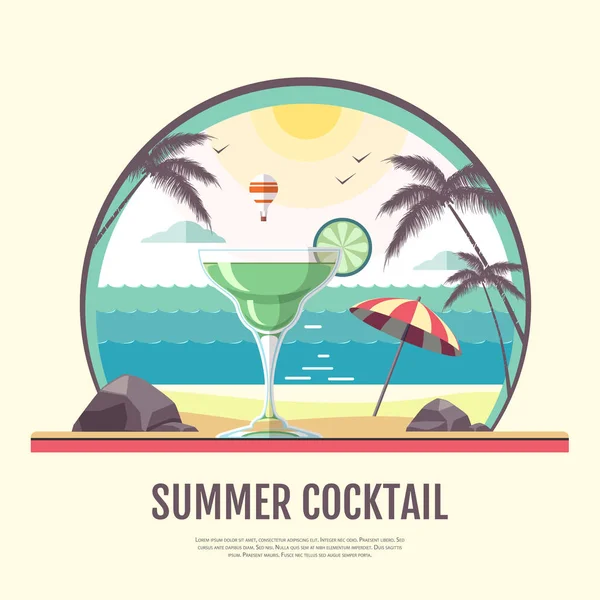 Vlakke stijl ontwerp van zomer strand landschap met cocktail — Stockvector