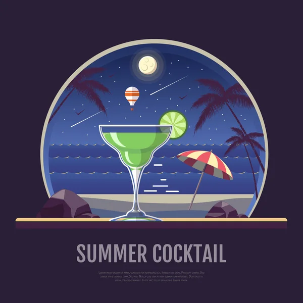 Vlakke stijl ontwerp van zomer strand landschap met cocktail. Nachtbeeld — Stockvector