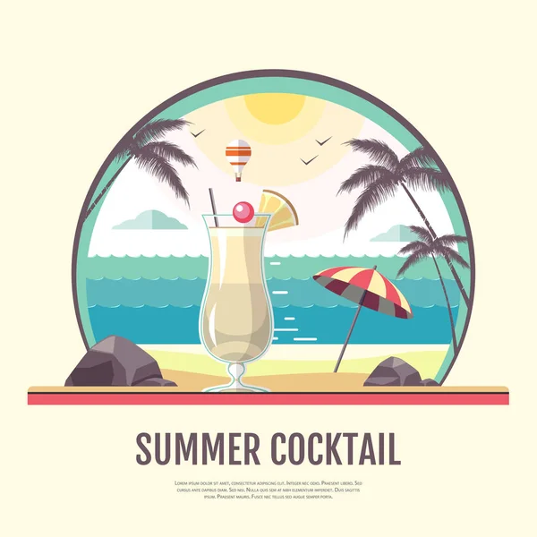 Flat style design of summer beach landscape with cocktail — Stock Vector