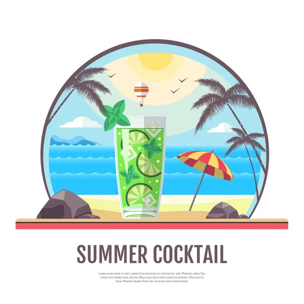 Flat style design of summer beach landscape with cocktail — Stock Vector