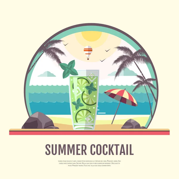 Design de style plat de paysage de plage d'été avec cocktail — Image vectorielle