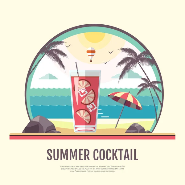 Дизайн плоского стилю літнього пляжного пейзажу з коктейлем — стоковий вектор