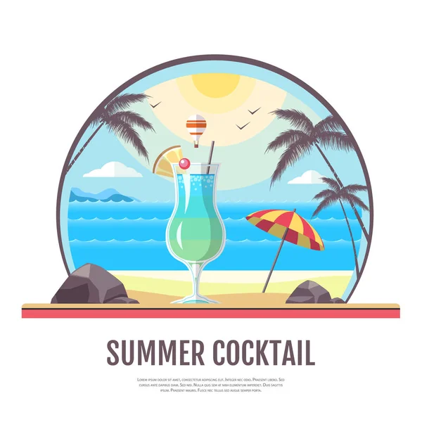 Design de estilo plano de paisagem de praia de verão com coquetel — Vetor de Stock